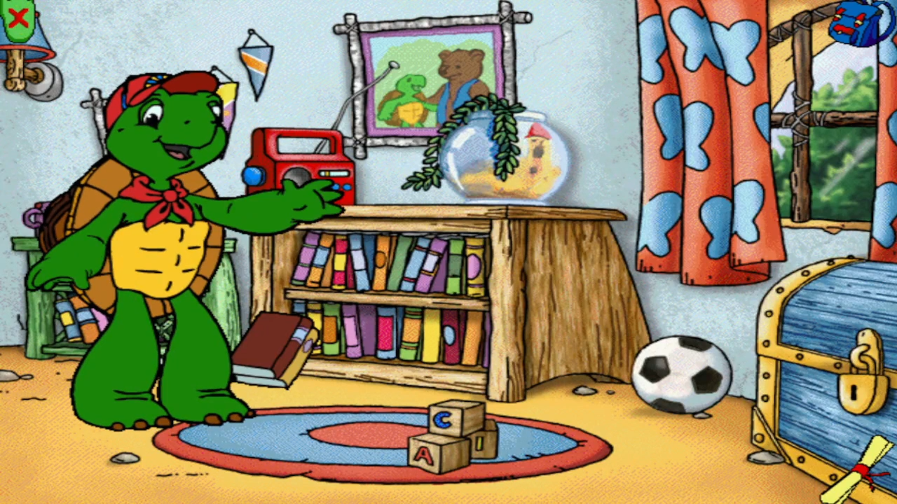 video game screenshot of franklin the turtle in his bedroom