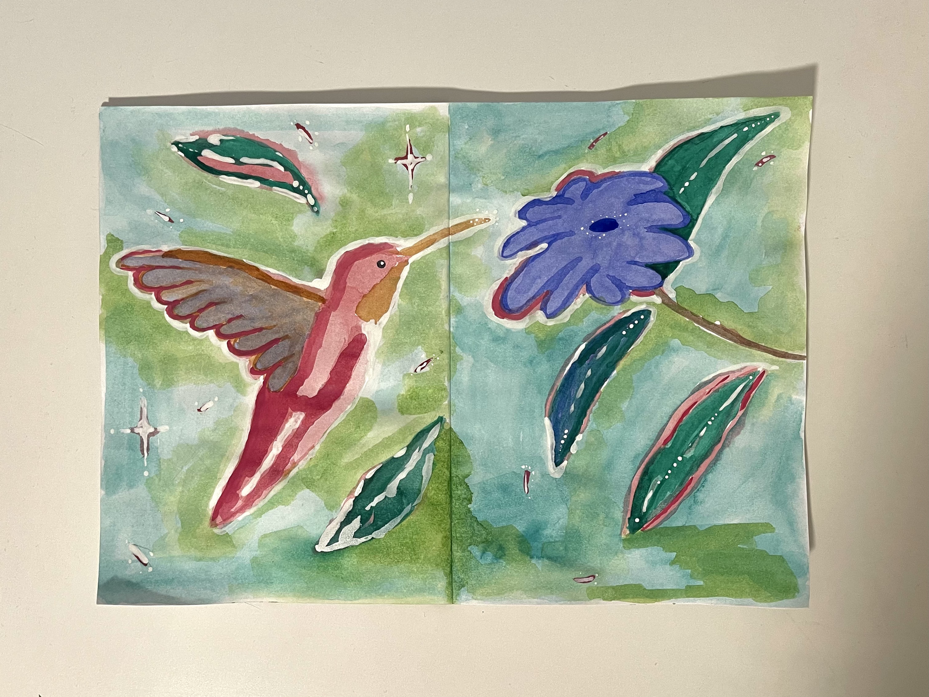 pink hummingbird collecting nectar from a blue flower on a green background. watercolour and guoache on a sketchbook.